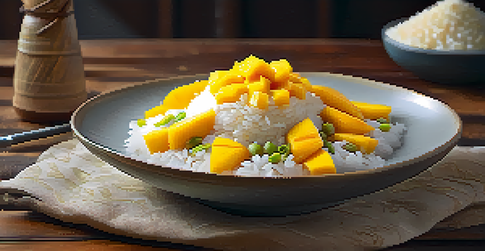 A plate of mango sticky rice with yellow mango slices, drizzled with coconut milk, garnished with sesame seeds and mung beans on a wooden table.