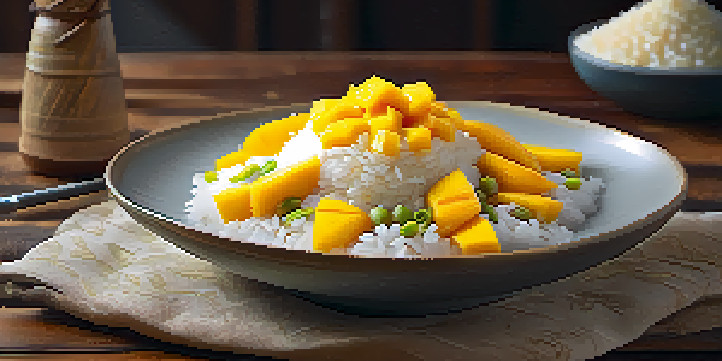 A plate of mango sticky rice with yellow mango slices, drizzled with coconut milk, garnished with sesame seeds and mung beans on a wooden table.