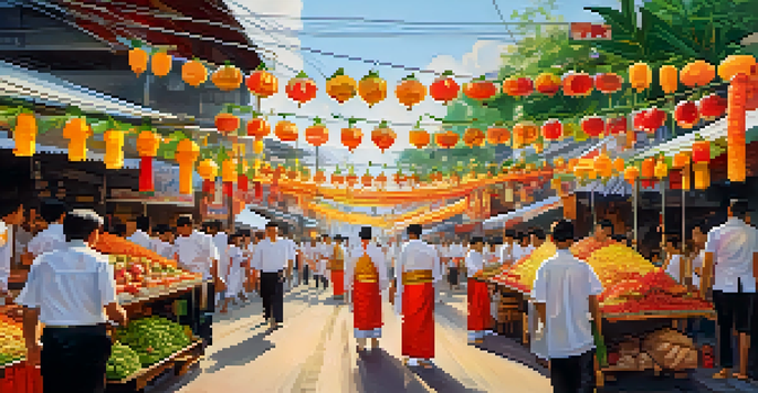 A lively street scene at the Vegetarian Festival in Phuket, with participants in white clothing and colorful food stalls.