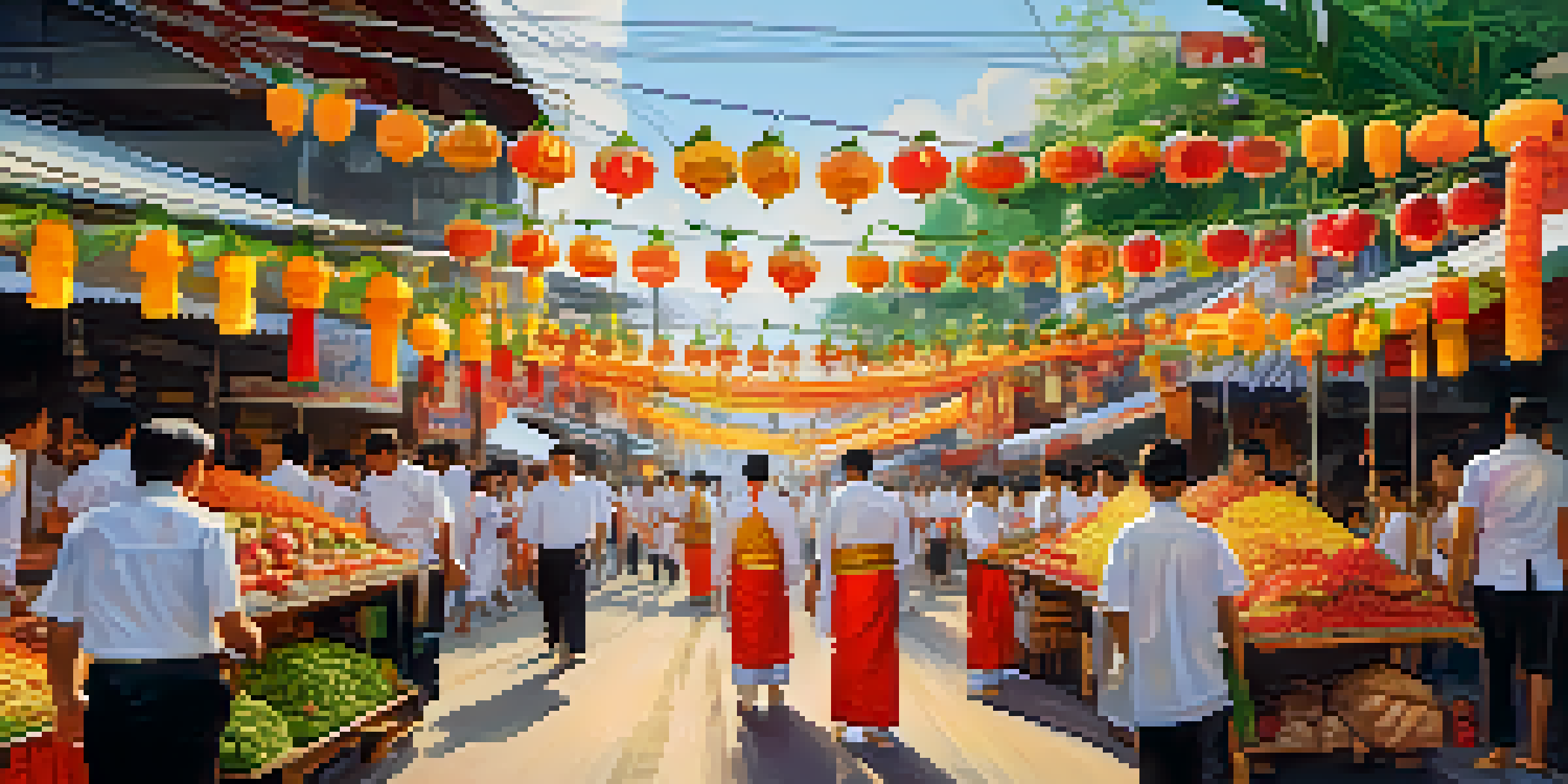 A lively street scene at the Vegetarian Festival in Phuket, with participants in white clothing and colorful food stalls.