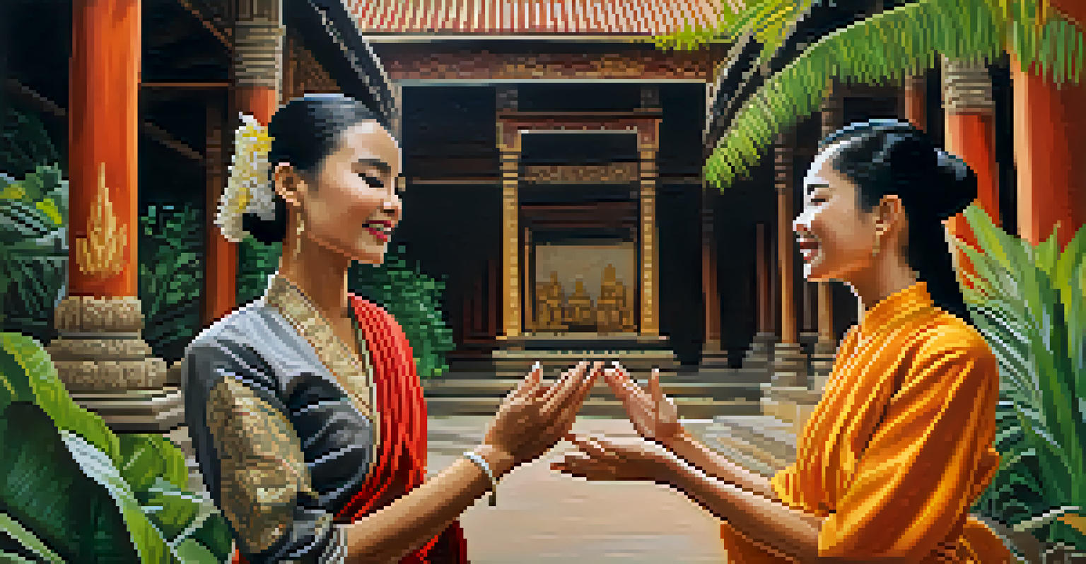 Two people exchanging a traditional Thai greeting, one in traditional attire performing the 'wai' gesture, with a tropical backdrop.