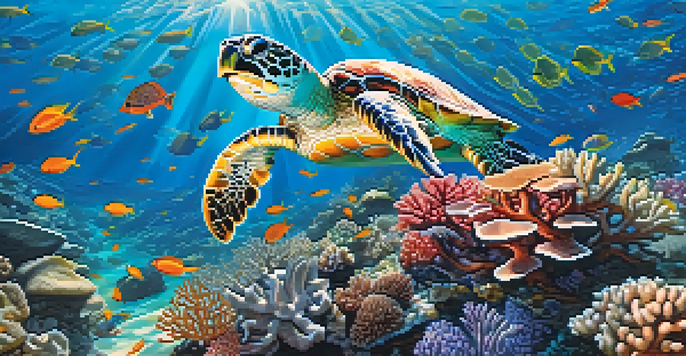 An underwater view of Thailand's coral reefs with colorful corals and various fish, featuring a sea turtle swimming gracefully.