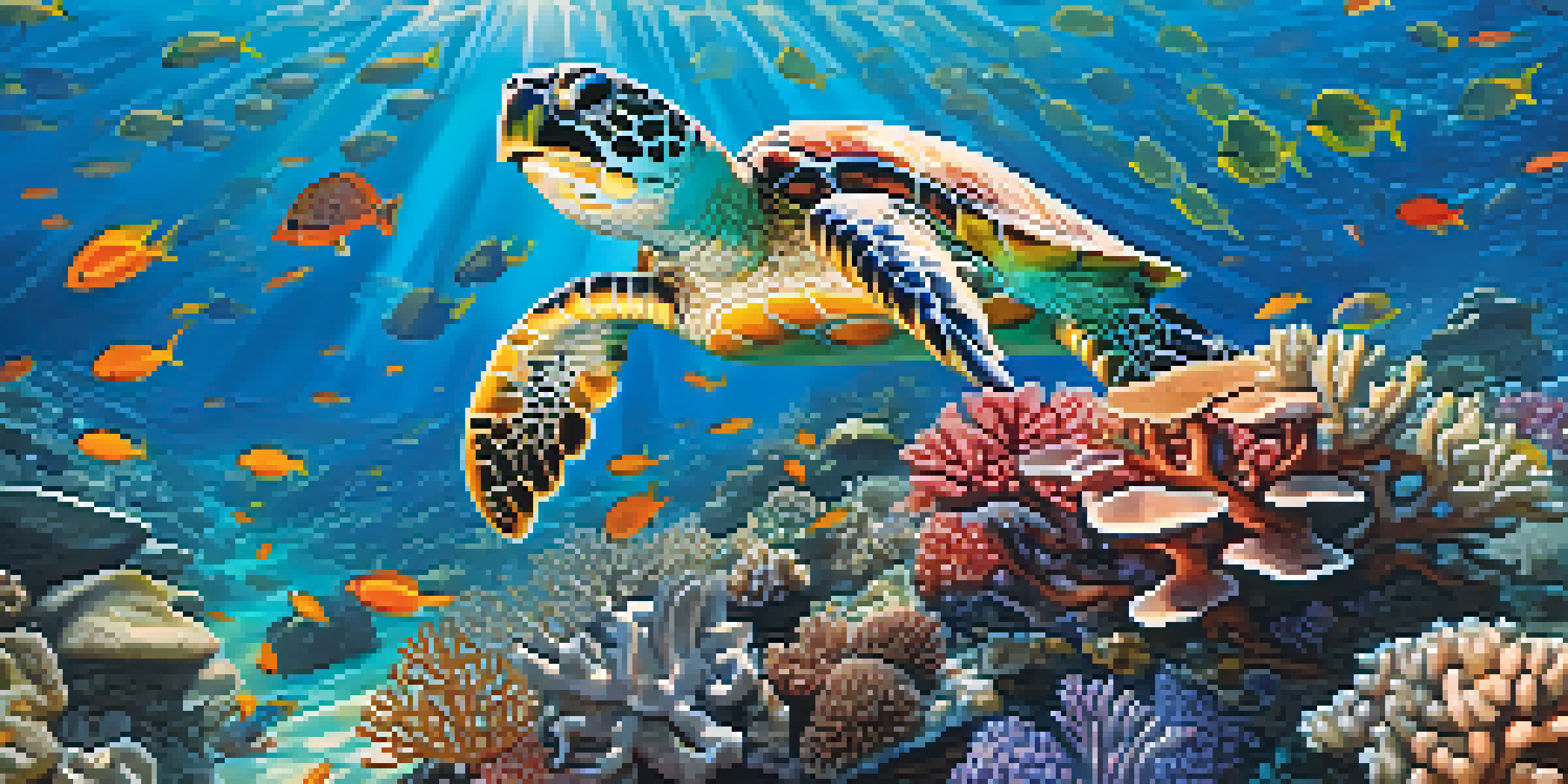 An underwater view of Thailand's coral reefs with colorful corals and various fish, featuring a sea turtle swimming gracefully.