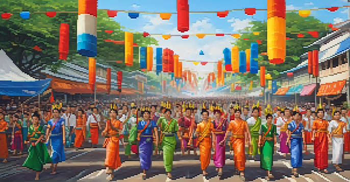 A lively parade during Thailand's Rocket Festival with villagers in colorful traditional clothing, carrying bamboo rockets and surrounded by decorations and stalls.