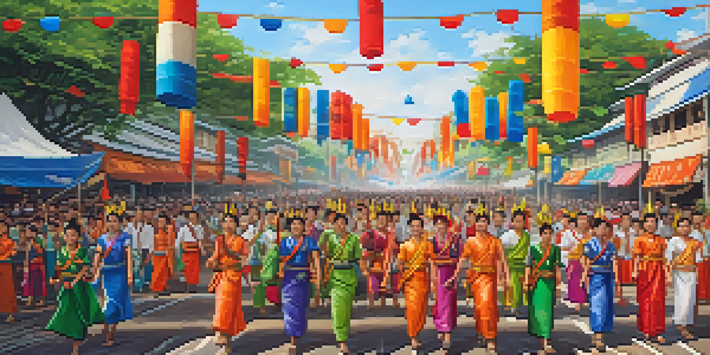 A lively parade during Thailand's Rocket Festival with villagers in colorful traditional clothing, carrying bamboo rockets and surrounded by decorations and stalls.