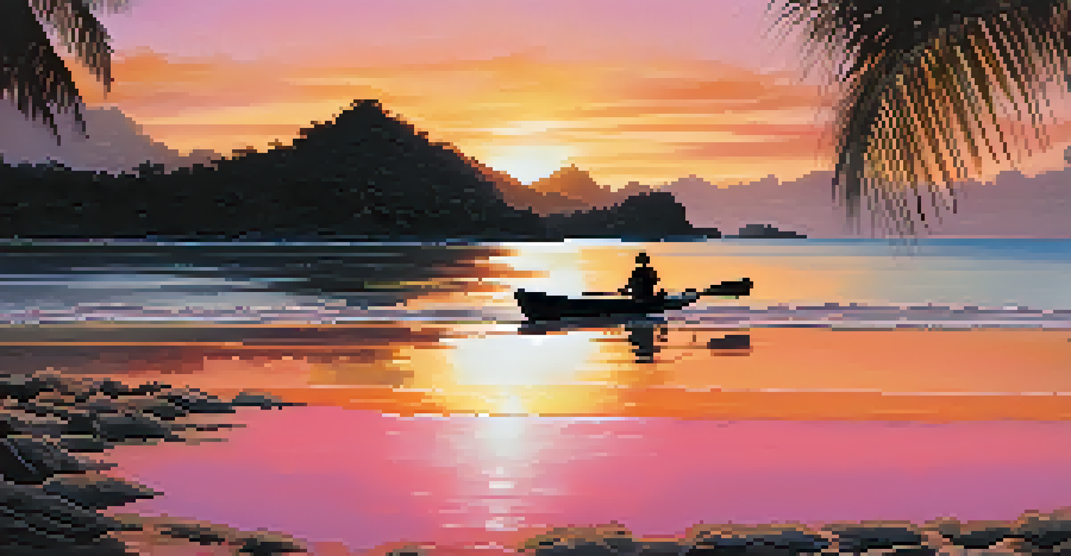 A beautiful sunset over Ko Tarutao National Park, featuring a beach, palm trees, and colorful sky reflecting on calm waters, with a kayaker in the foreground.