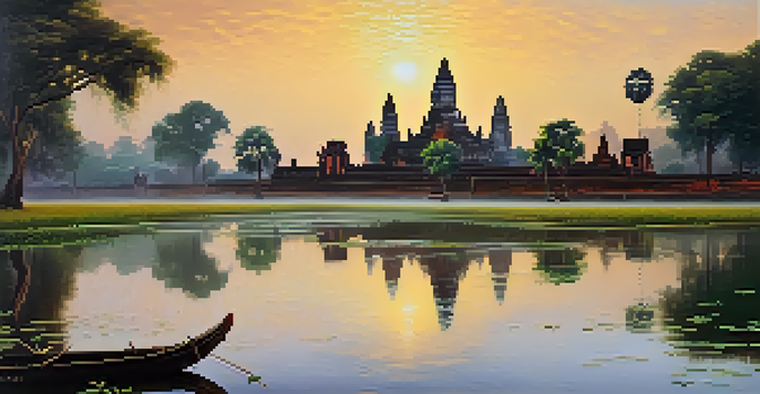 A beautiful sunrise over the ancient city of Ayutthaya, showcasing its historic towers and monasteries surrounded by nature.