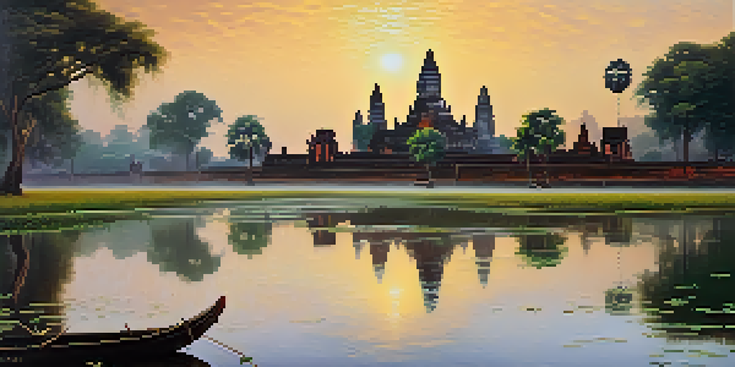 A beautiful sunrise over the ancient city of Ayutthaya, showcasing its historic towers and monasteries surrounded by nature.