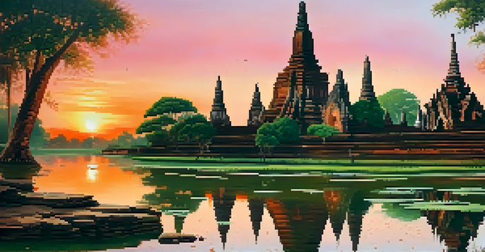 A picturesque sunset view of the ancient temple Wat Phra Si Sanphet in Ayutthaya with vibrant colors in the sky and reflections on the water.