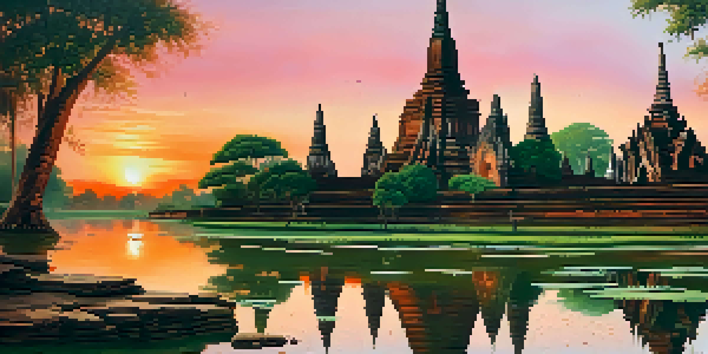 A picturesque sunset view of the ancient temple Wat Phra Si Sanphet in Ayutthaya with vibrant colors in the sky and reflections on the water.