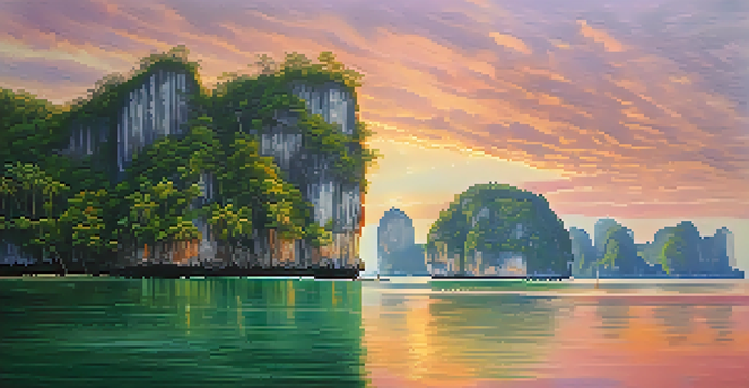 A picturesque sunrise illuminating limestone cliffs in Krabi, with reflections on emerald waters and vibrant tropical plants.