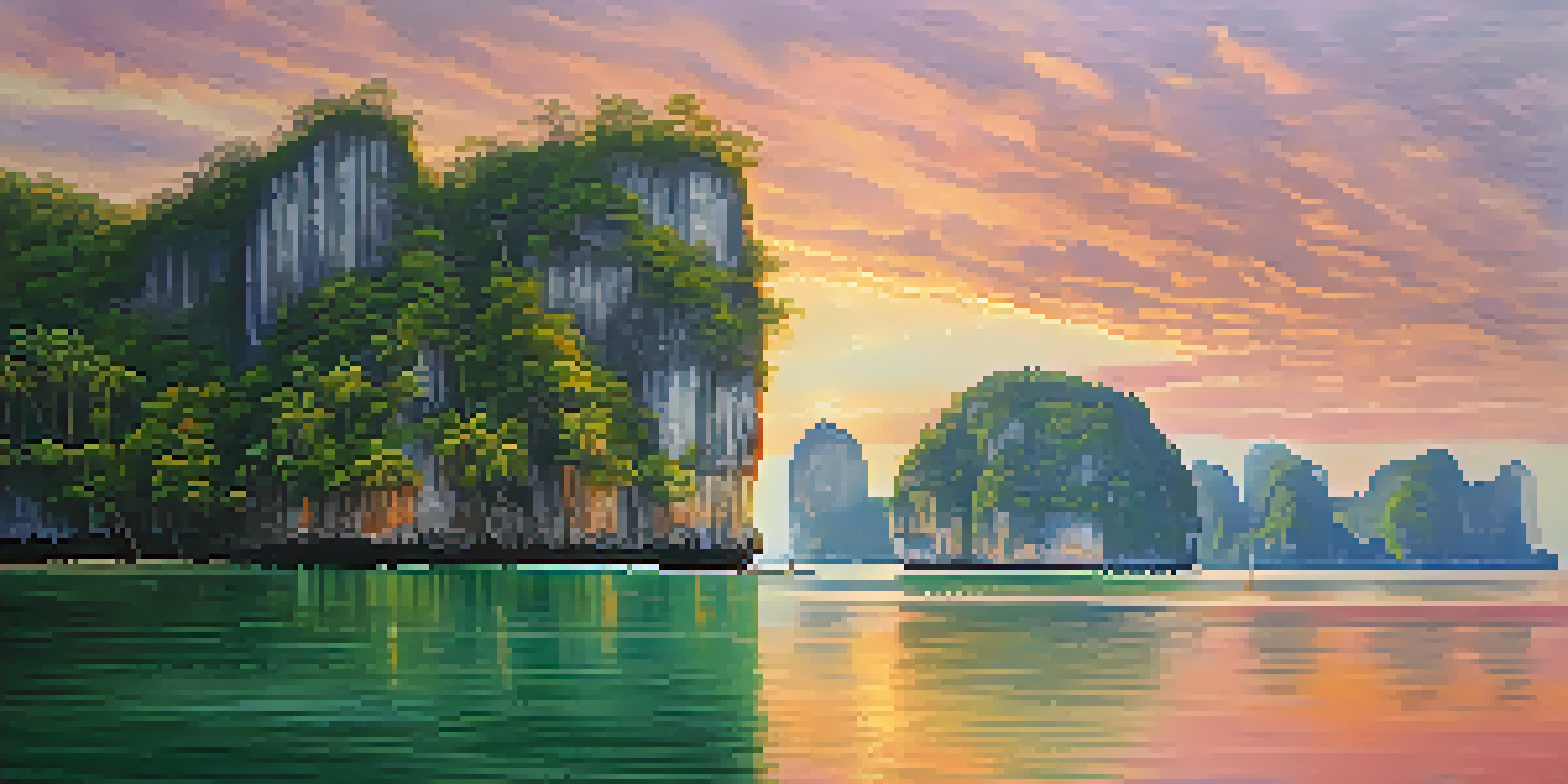 A picturesque sunrise illuminating limestone cliffs in Krabi, with reflections on emerald waters and vibrant tropical plants.