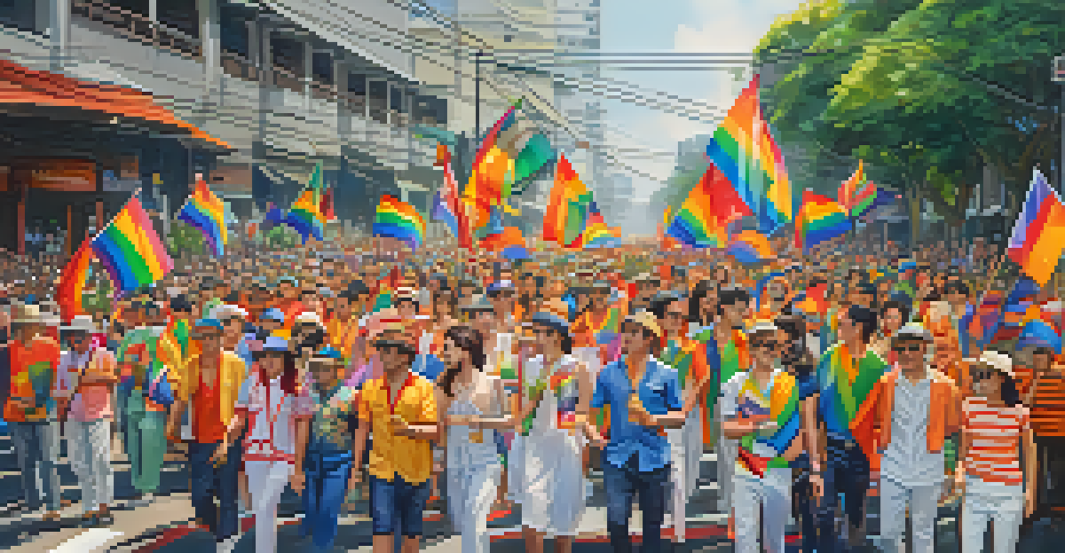 Participants celebrating at the Bangkok Pride Parade, wearing colorful outfits and waving rainbow flags, surrounded by a lively crowd.
