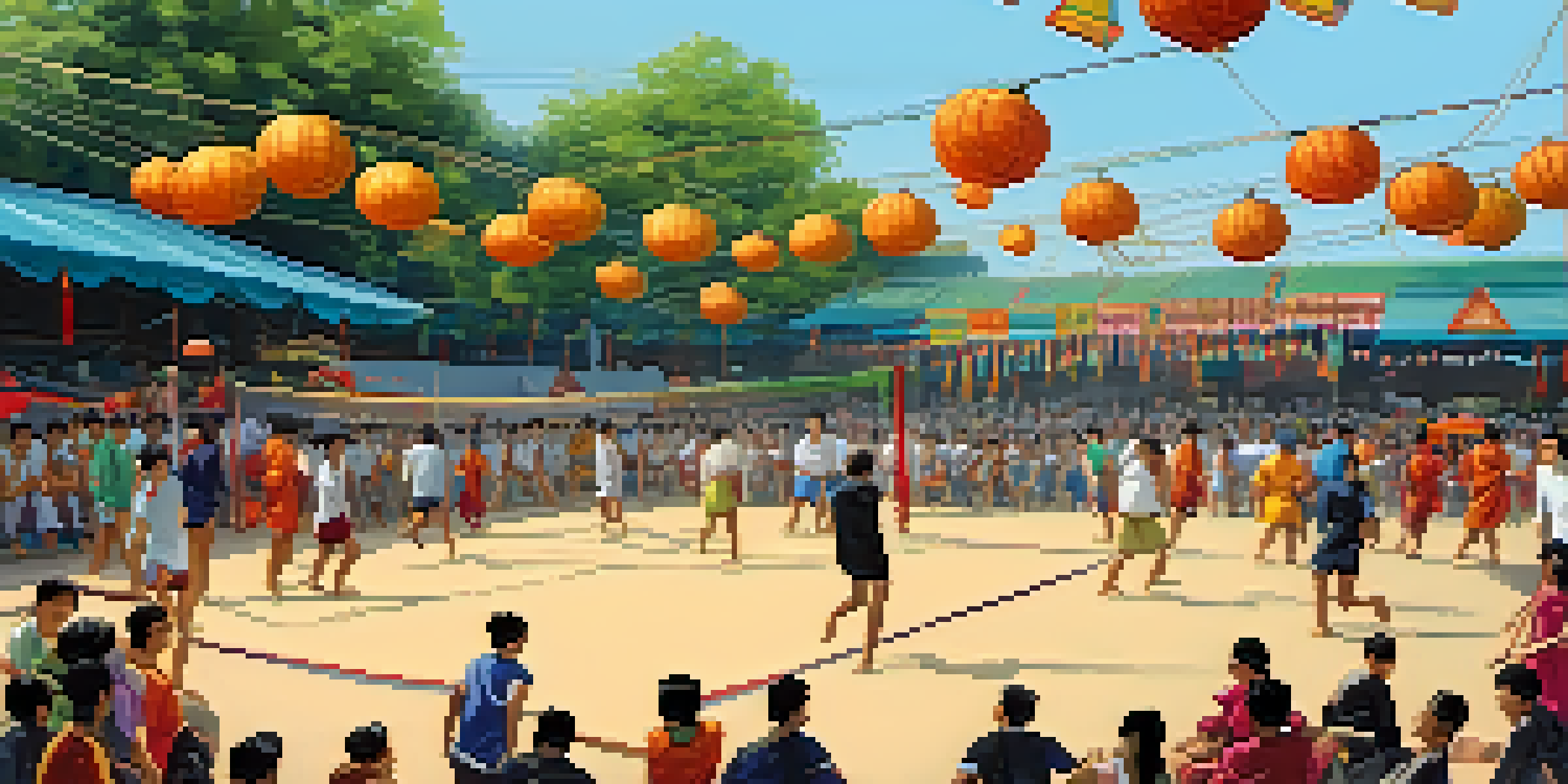 A lively Takraw tournament during a Thai festival with players in action, colorful decorations, and cheering spectators.