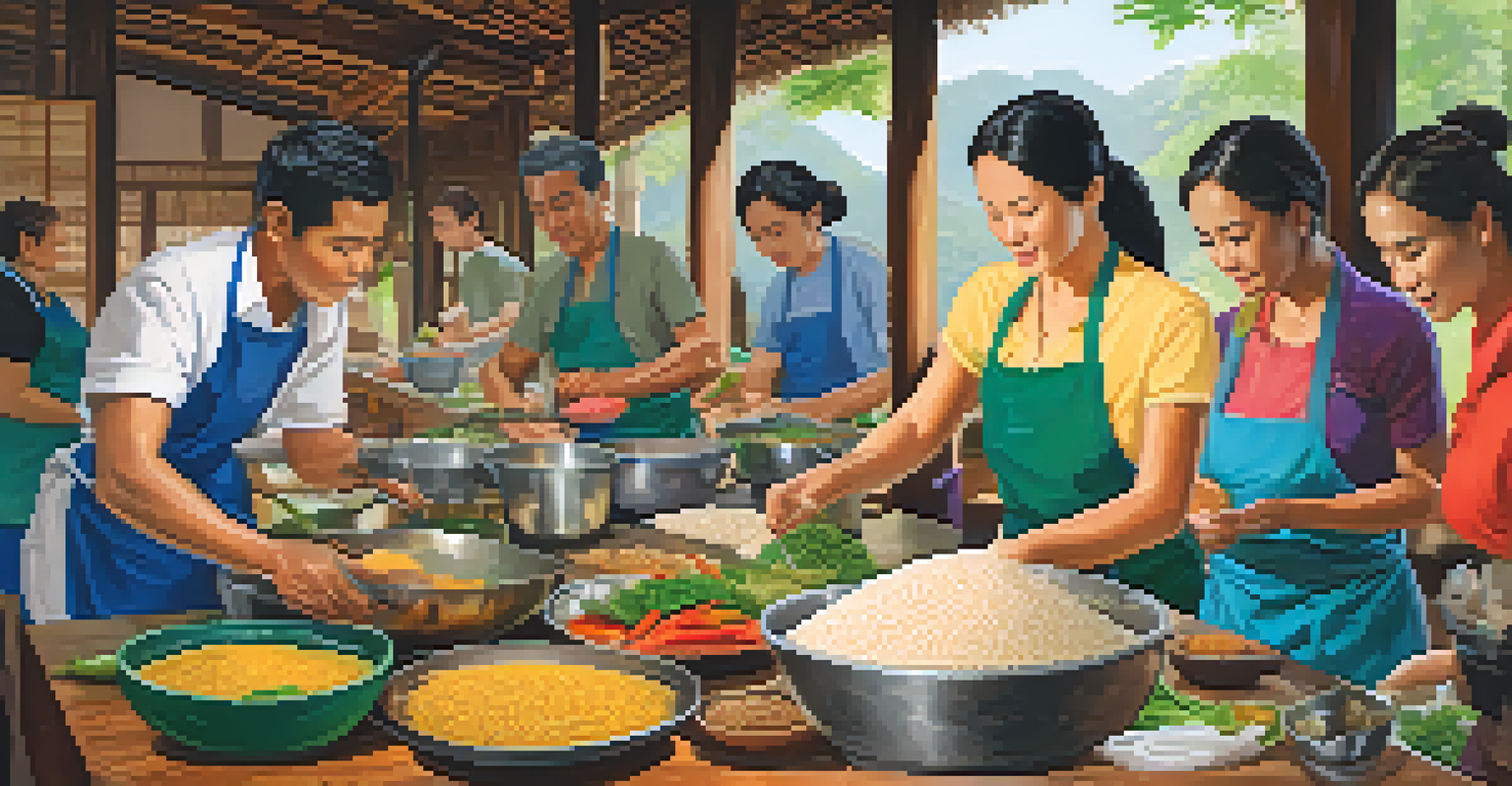 Participants in a Thai cooking class preparing traditional dishes with fresh ingredients and rice, with a local chef demonstrating.
