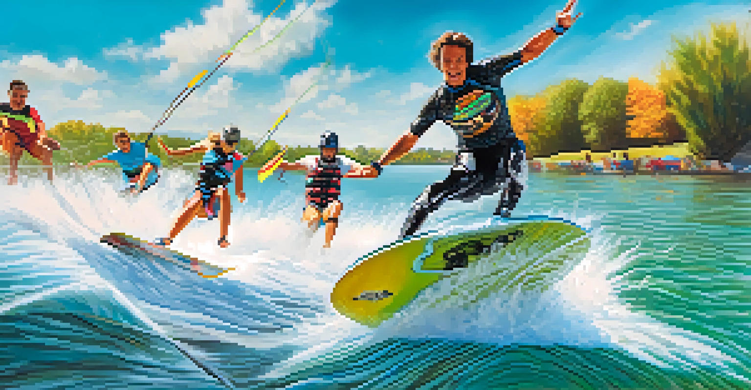 A wakeboarder jumping over a wave on a sunny day, with friends cheering from a boat in the background.