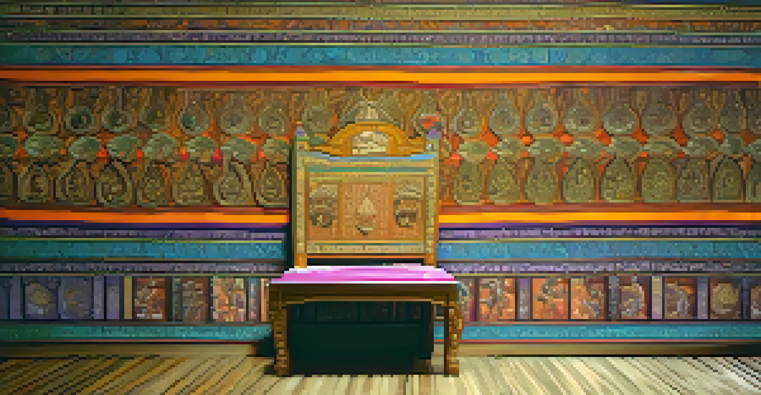 A close-up of a traditional Thai silk skirt draped over a chair, showcasing its intricate patterns and vibrant colors.