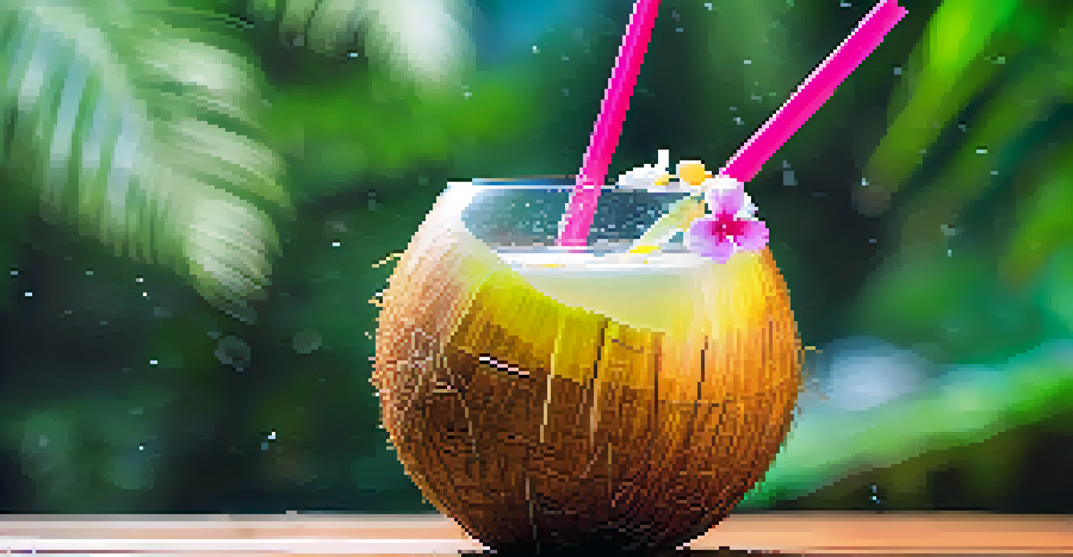 A coconut drink served in a coconut shell on a wooden table, with colorful straw and blurred tropical background.