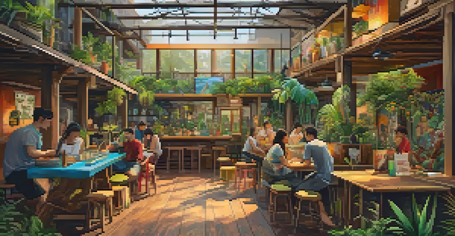 An eco-hostel in Bangkok with travelers engaging in activities, decorated with recycled materials and colorful murals.