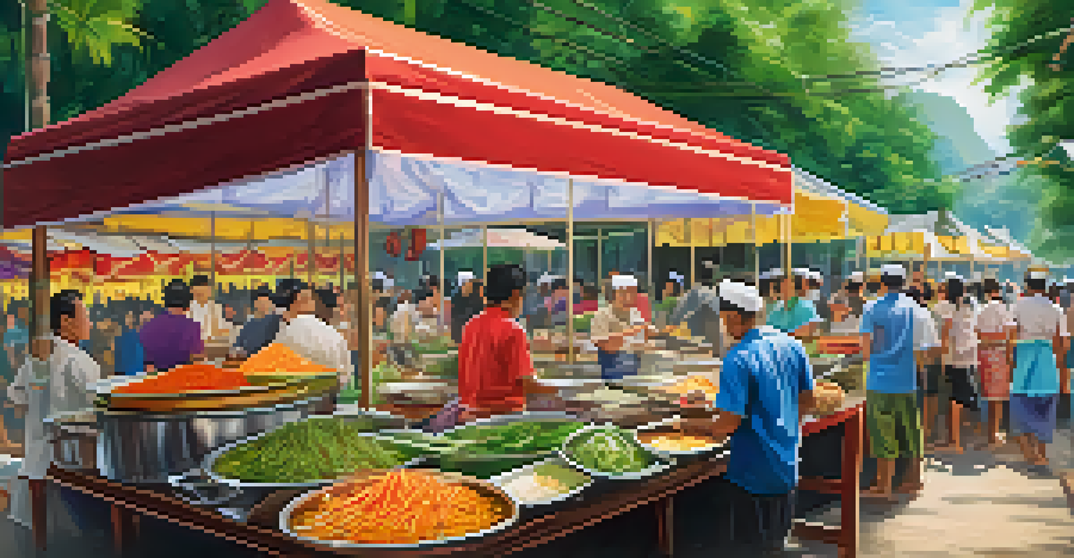 A lively Thai food festival with colorful stalls and people enjoying local dishes.