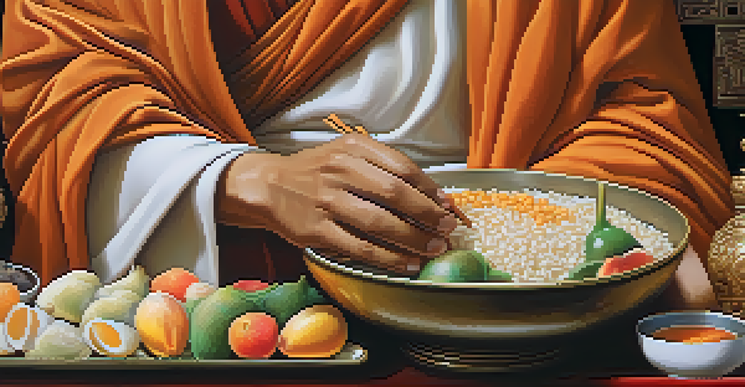 A monk's hands holding a bowl of alms filled with rice and fruits, with a temple blurred in the background.