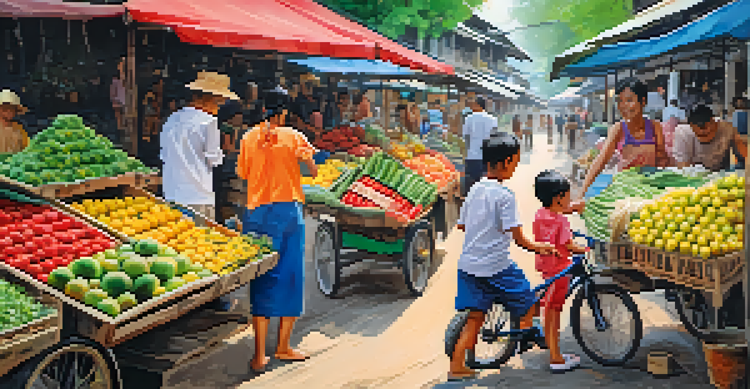 A family at a local market in Thailand, surrounded by fresh produce and handmade crafts, interacting with vendors.