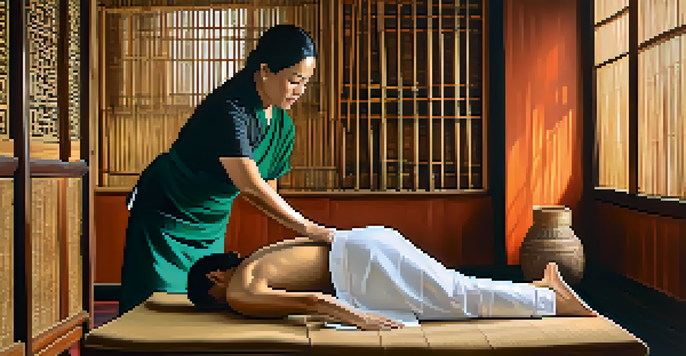 A Thai acupressure session in a peaceful room, with a practitioner gently applying pressure on a client's back, surrounded by traditional decor.
