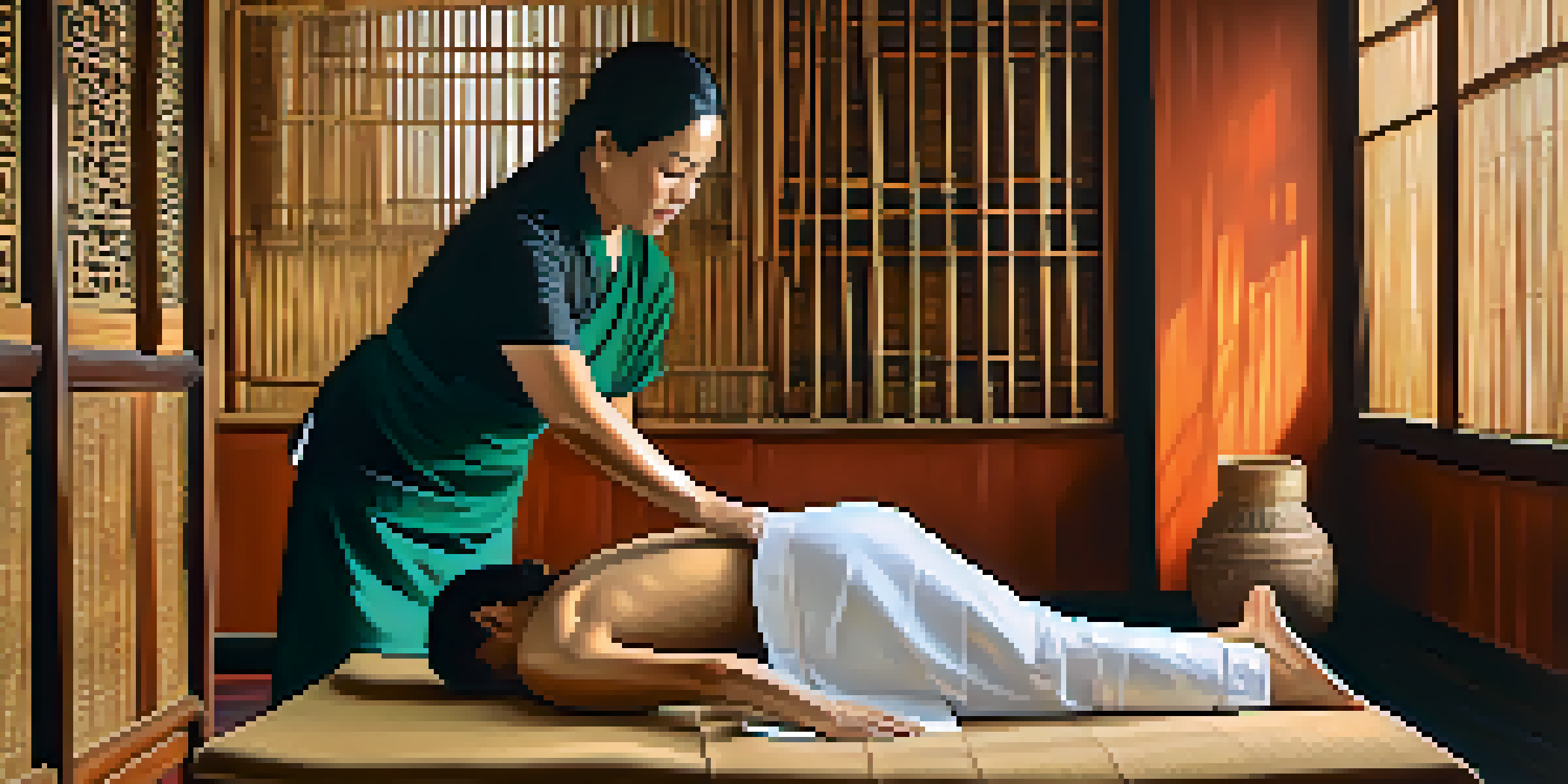 A Thai acupressure session in a peaceful room, with a practitioner gently applying pressure on a client's back, surrounded by traditional decor.