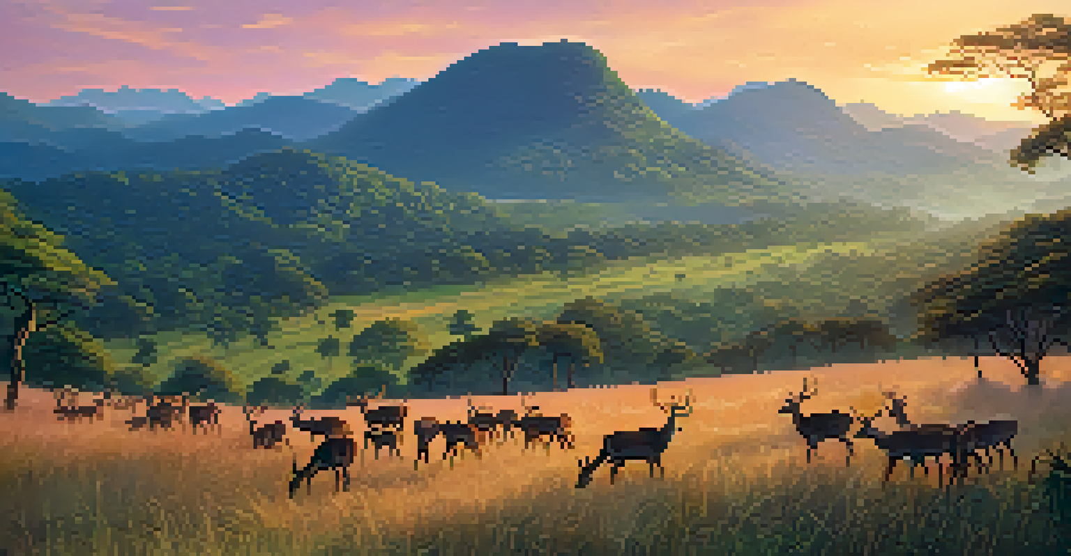 A picturesque landscape of Kaeng Krachan National Park at sunset, with grazing deer and a vibrant sky in the background.