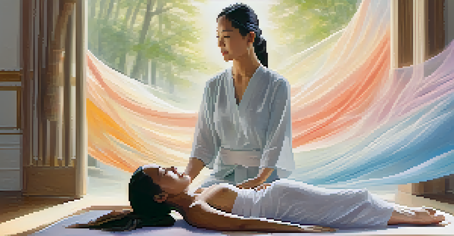 Artistic representation of breath connecting a therapist and client in Thai massage, with soft colors and flowing forms.