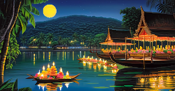A peaceful nighttime view of the Loy Krathong festival with floating krathongs on the water, surrounded by nature and traditional Thai buildings.