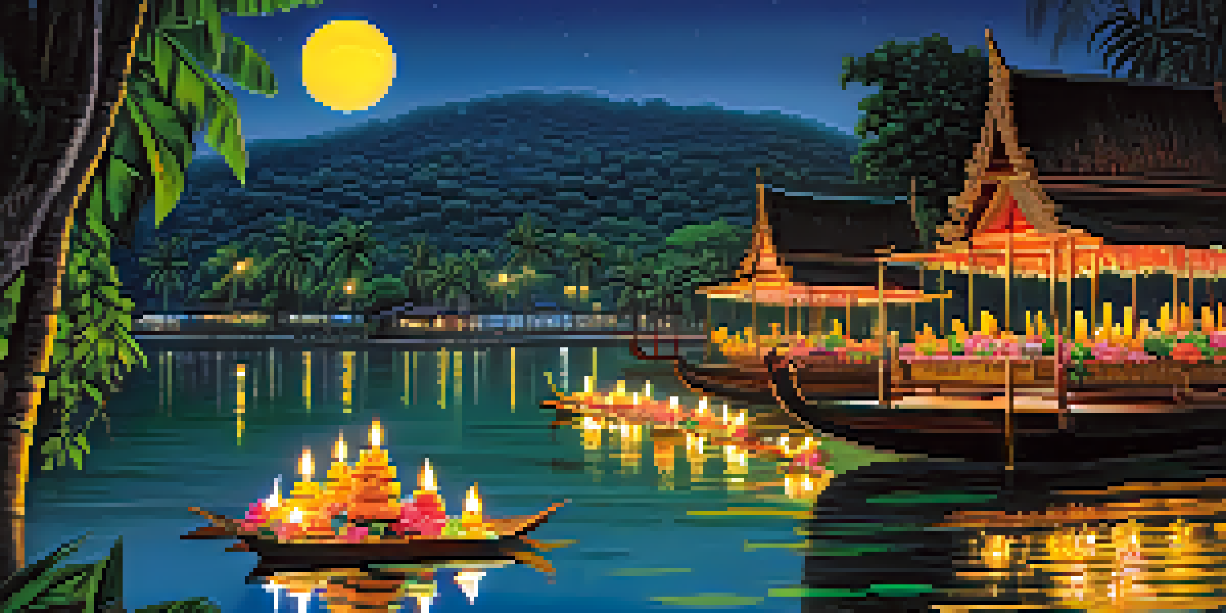 A peaceful nighttime view of the Loy Krathong festival with floating krathongs on the water, surrounded by nature and traditional Thai buildings.