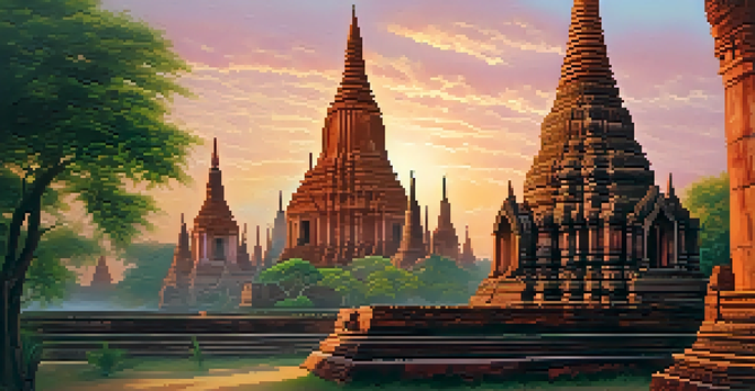 A stunning sunrise illuminating the ancient temples of Ayutthaya with warm golden light, surrounded by lush greenery and soft colorful clouds.