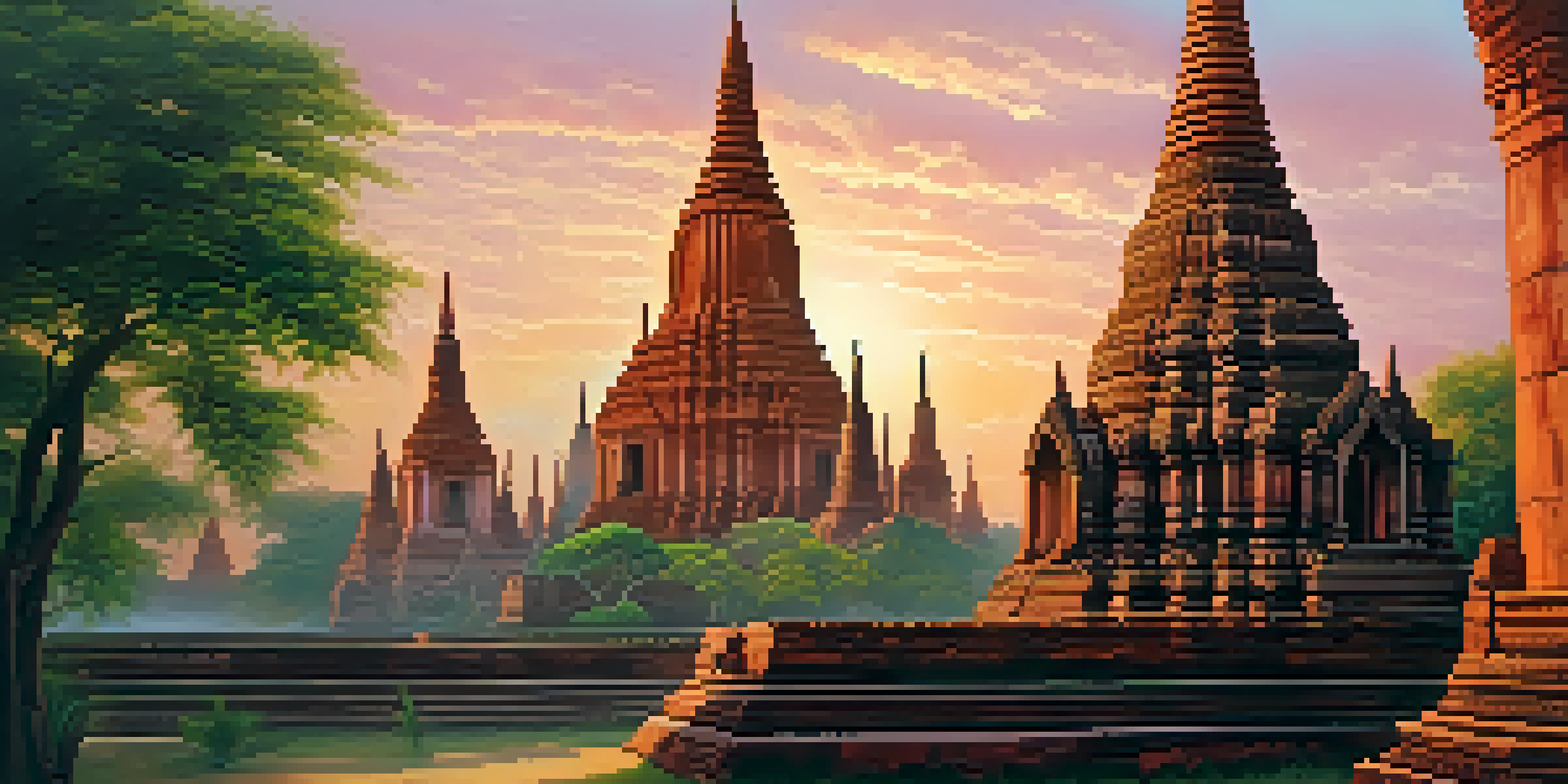 A stunning sunrise illuminating the ancient temples of Ayutthaya with warm golden light, surrounded by lush greenery and soft colorful clouds.
