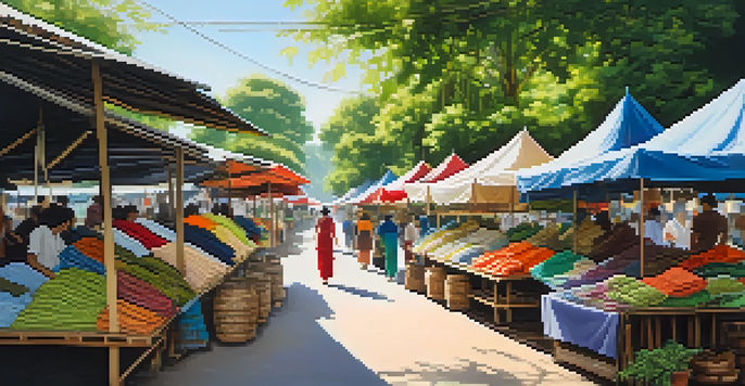 An outdoor market in Thailand featuring eco-friendly fabrics, with colorful textiles displayed among greenery and traditional architecture.