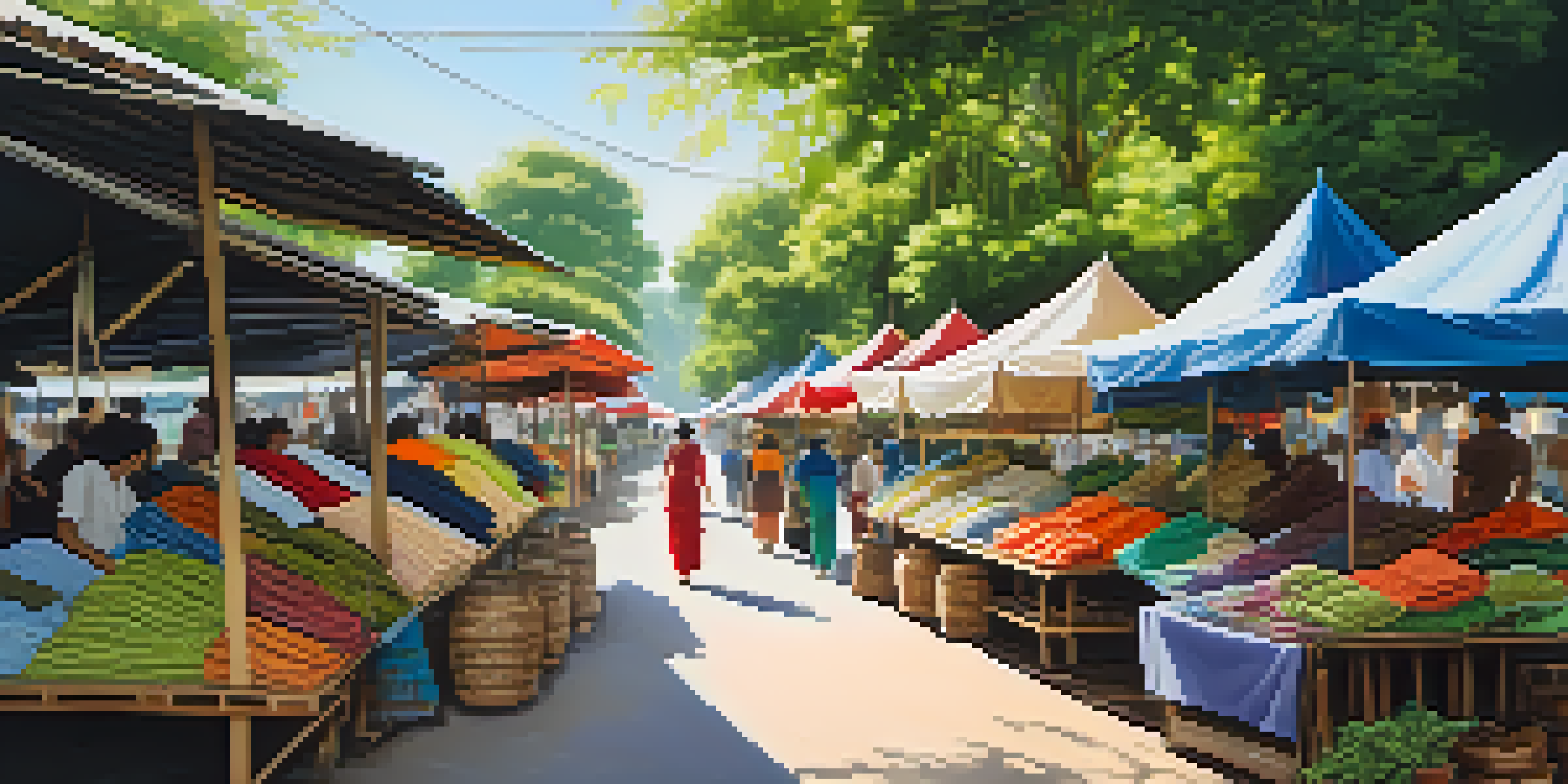 An outdoor market in Thailand featuring eco-friendly fabrics, with colorful textiles displayed among greenery and traditional architecture.