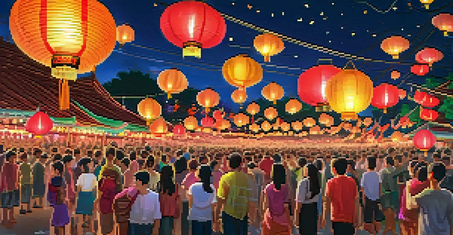People releasing floating lanterns into the night sky during the Yi Peng Lantern Festival in Chiang Mai, Thailand, creating a magical atmosphere.