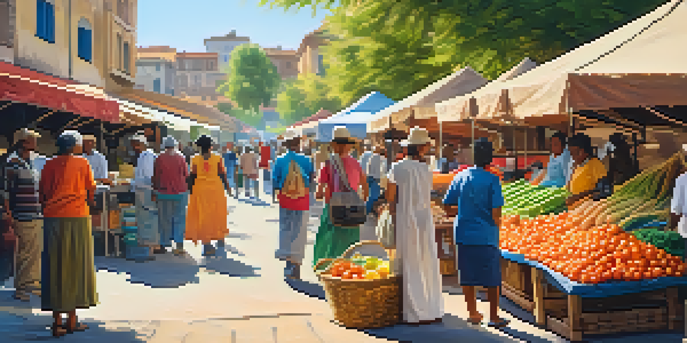 A lively community market with artisans selling crafts and fresh produce, bright colors, and smiling locals interacting with tourists under warm sunlight.