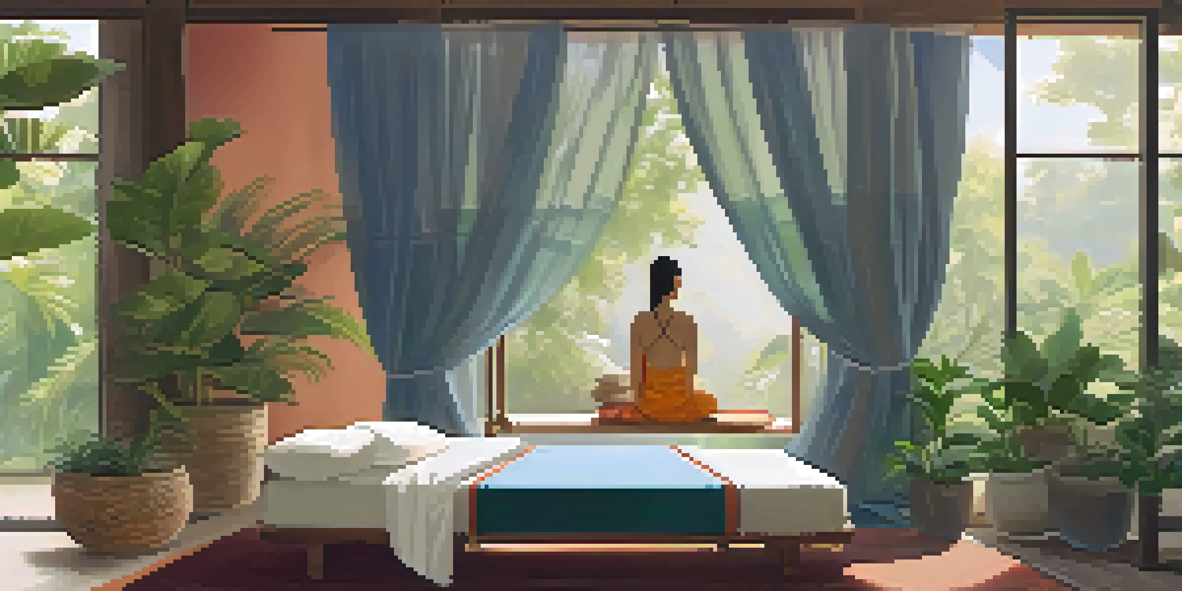 A calm room with a mat for Thai massage, a therapist assisting a client in stretching, and plants in the background.