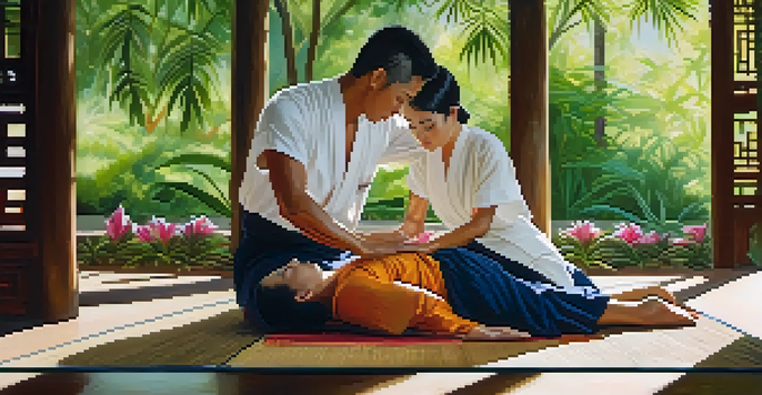A Thai massage scene with a practitioner stretching a client on a mat in a green outdoor setting, with sunlight filtering through the trees.
