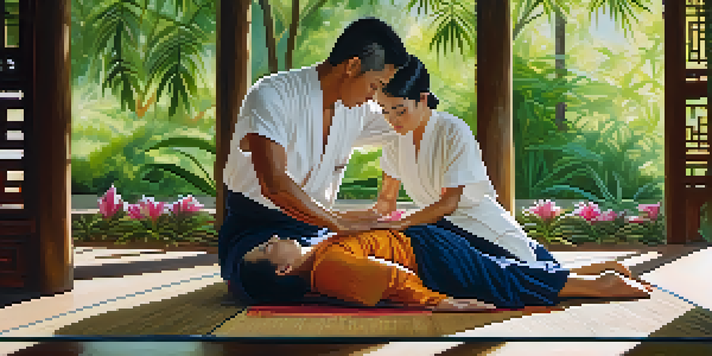 A Thai massage scene with a practitioner stretching a client on a mat in a green outdoor setting, with sunlight filtering through the trees.