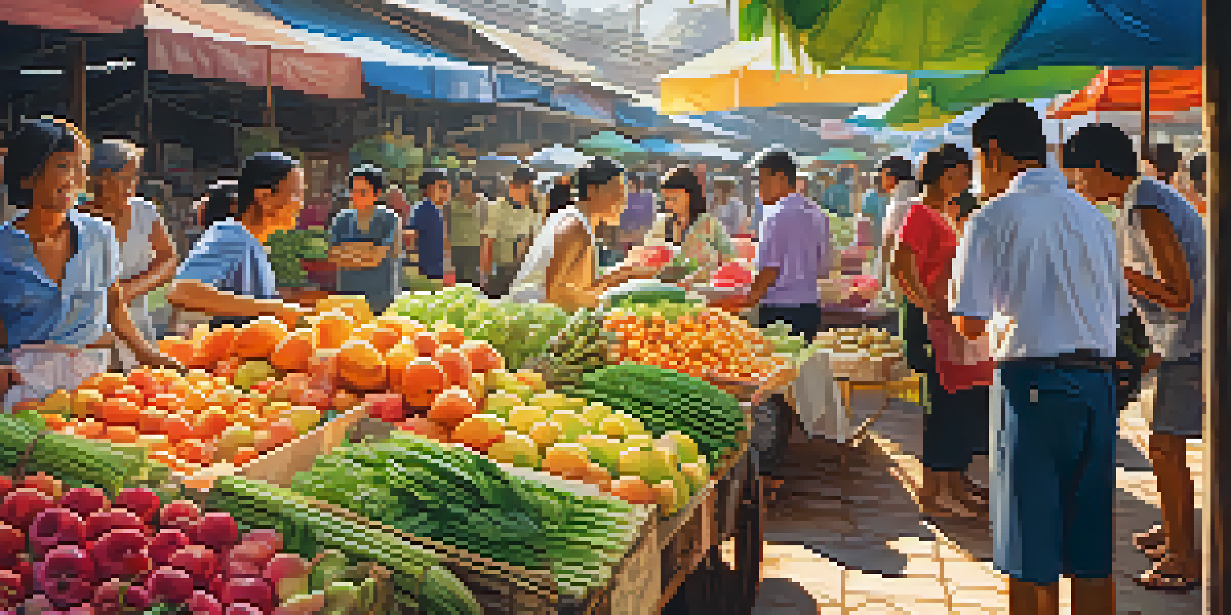 A lively Thai market with colorful stalls and a tourist practicing counting in Thai with a vendor.
