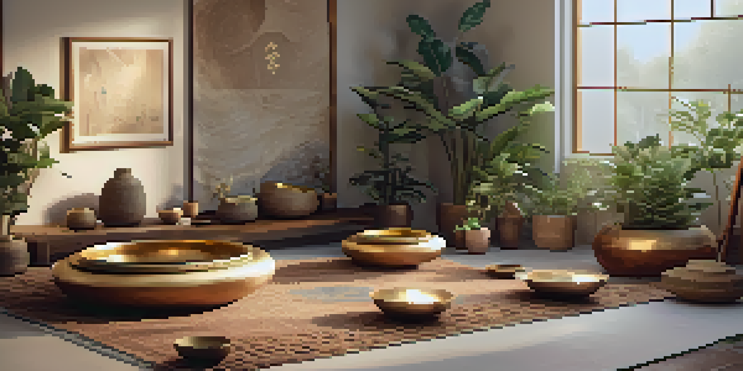 A peaceful sound bath room with musical instruments like singing bowls and gongs, soft lighting, and comfortable mats.