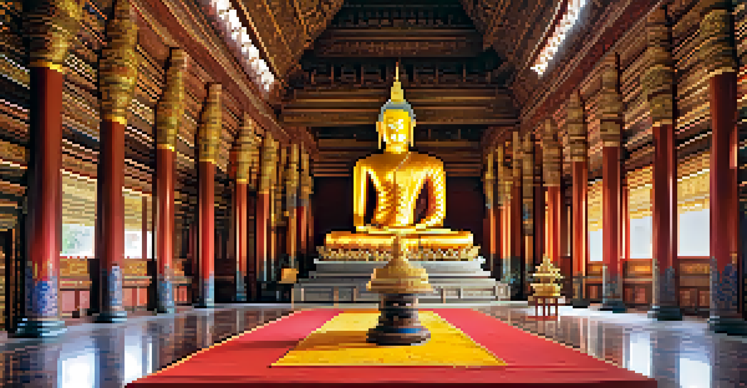 An interior shot of the ordination hall in the Marble Temple, highlighting the central Buddha statue and beautifully decorated ceiling.