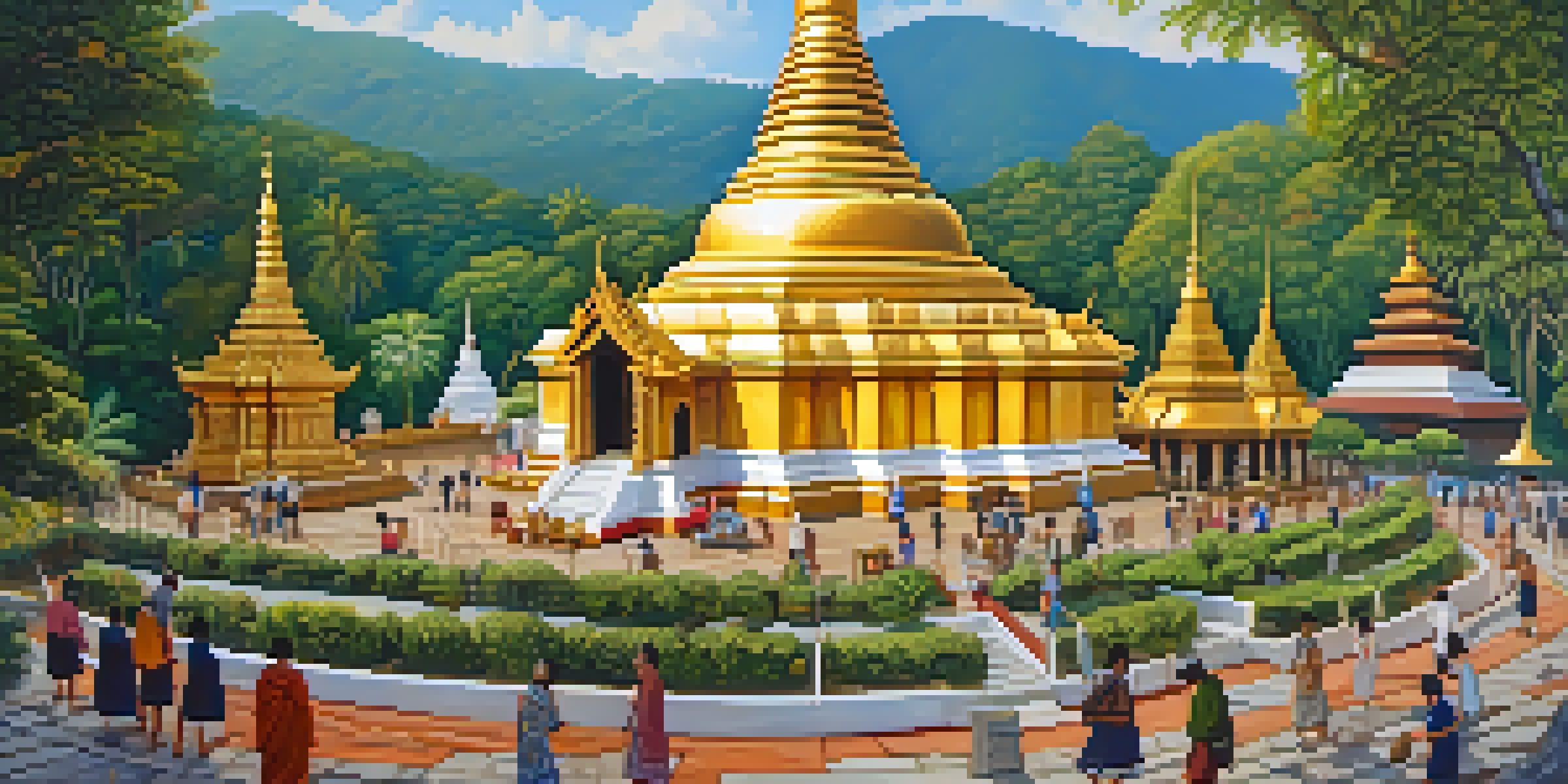 A panoramic view of Wat Phra That Doi Suthep, showing a golden stupa on a mountain with lush greenery and visitors making merit.