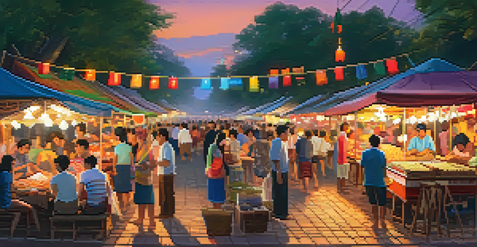 A bustling night market in Sukhothai with colorful stalls and warm lighting, showcasing street food and local crafts.