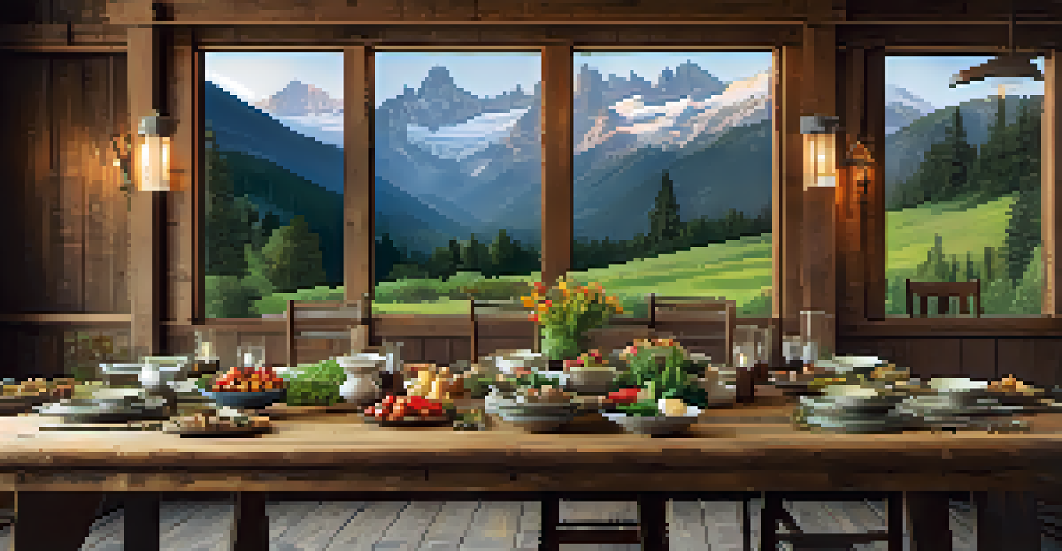 A rustic mountain lodge dining area with a long wooden table filled with organic dishes, surrounded by large windows showing snowy peaks.