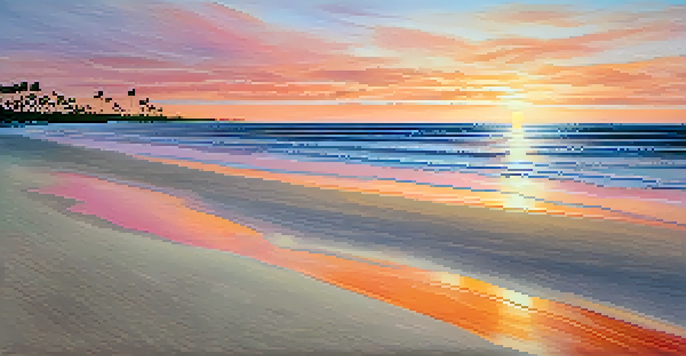 A tranquil beach scene with white sand, gentle waves, and a colorful sunset reflecting on the water, framed by palm trees.