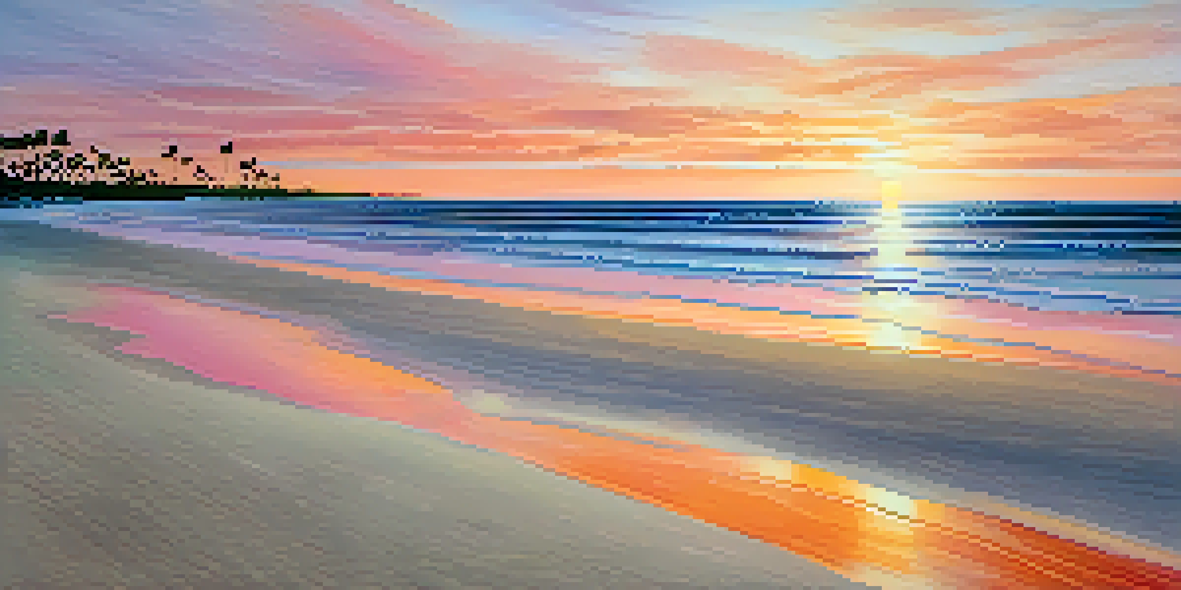 A tranquil beach scene with white sand, gentle waves, and a colorful sunset reflecting on the water, framed by palm trees.