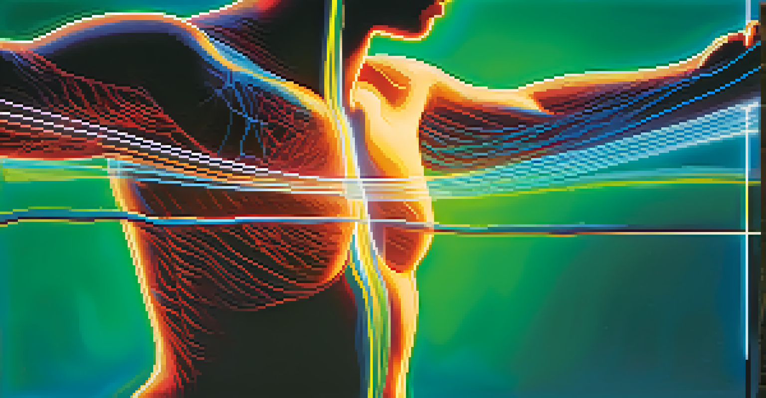 An illustration of energy lines in the human body, depicted in vibrant colors, set against a calming gradient background.